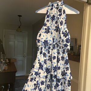 Multi Colored Blue Floral Dress with High Neck Ruffle Detail, NWT, Size M